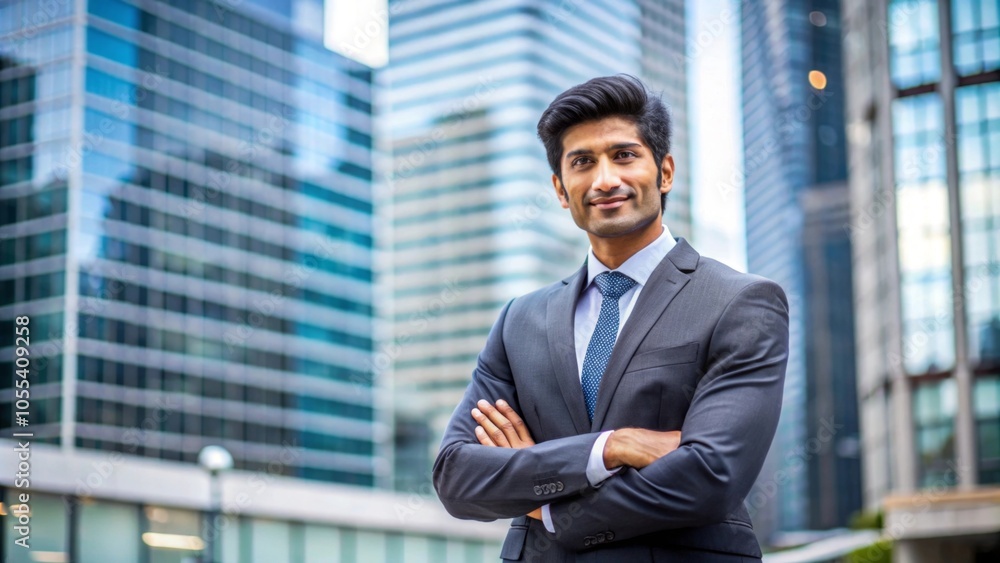 Fototapeta premium Confident rich eastern indian businessman on blurred city background