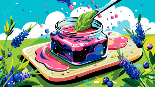 Vibrant Summer Berry Jam Illustration with Floral Accents