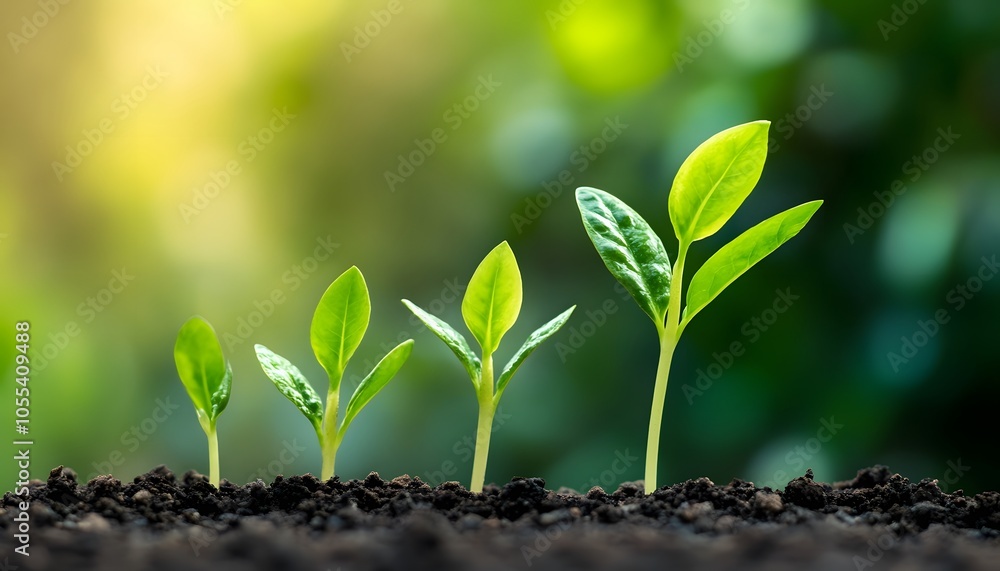 Four Green Seedlings Emerging from Soil in Sunlight Four Green Seedlings Emerging from Soil in Sunlight