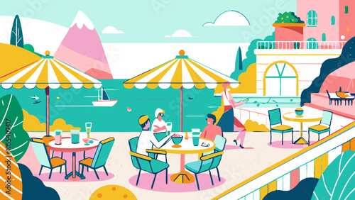 Colorful Seaside Cafe with People Enjoying Scenic View