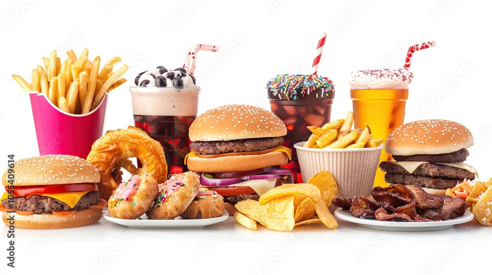 A variety of fast food items, including burgers, fries, donuts, chips, and milkshakes, arranged on a white background. A variety of fast food items, including burgers, fries, donuts, chips, and milkshakes, arranged on a white background.