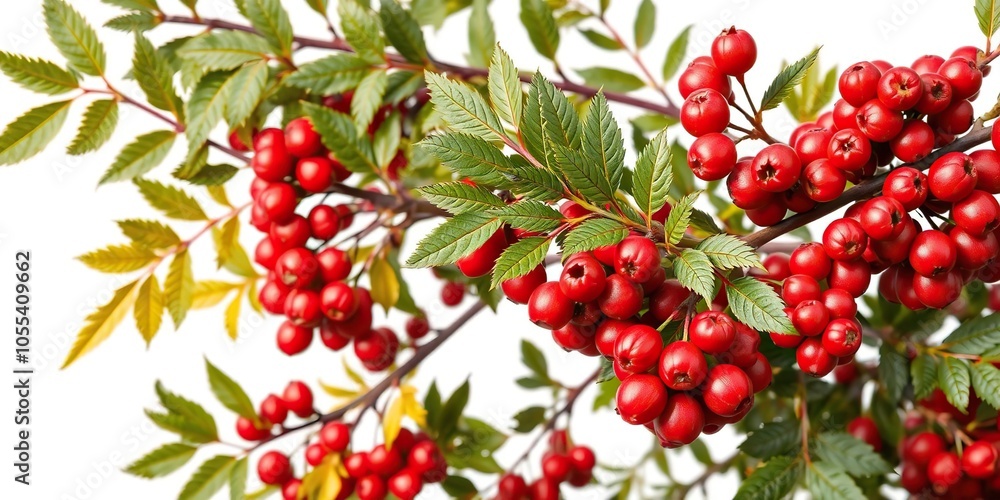 Rowan tree with vibrant red berries isolated on white background, rowan, plant, red Rowan tree with vibrant red berries isolated on white background, rowan, plant, red