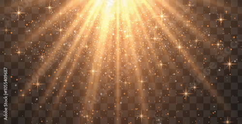 Bright golden radiant light burst with sparkles and glittering particles on a transparent background, creating a festive effect. Light with flares Sun rays of dawn. Wallpaper