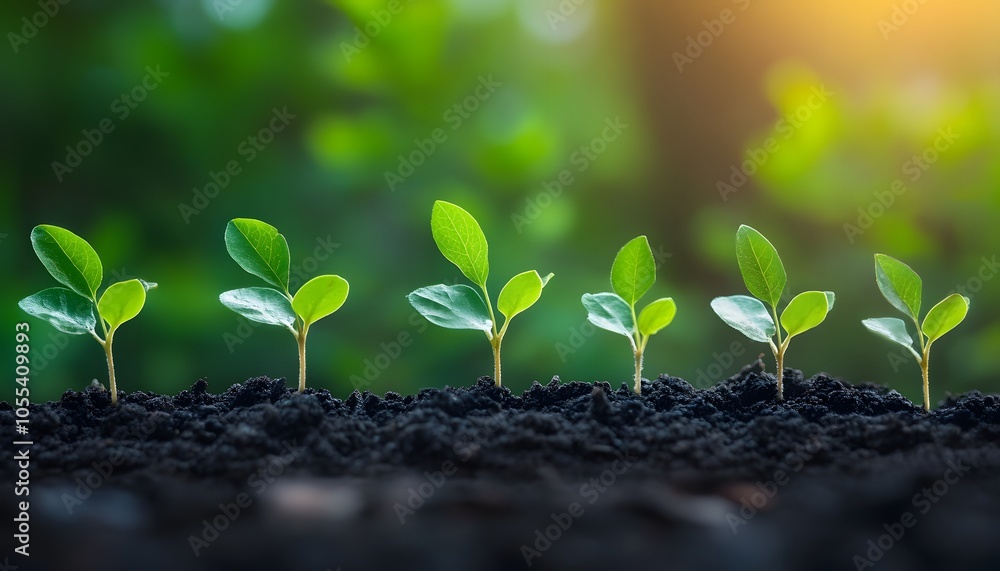 Six Green Seedlings Emerging from Dark Soil Six Green Seedlings Emerging from Dark Soil