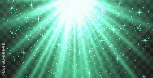 Bright green radiant light burst with sparkles and glittering particles on a transparent background, creating a festive effect. Light with flares Sun rays of dawn. Wallpaper