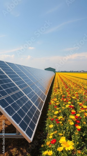 Solar panels lined up beside a blossoming flower field with cables running to a central tube well illustrating renewable energy use in agriculture solar panel Ultra realistic Photorealistic  photo