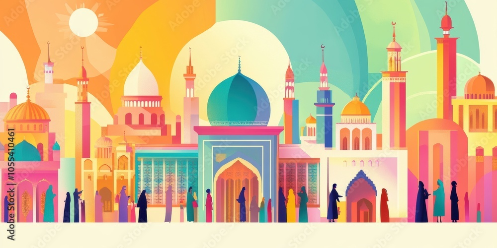 Fototapeta premium Colorful mosque skyline with people in robes.