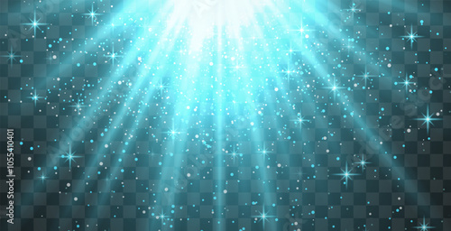 Bright blue radiant light burst with sparkles and glittering particles on a transparent background, creating a festive effect. Light with flares Sun rays of dawn. Wallpaper