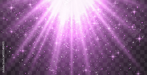 Bright purple radiant light burst with sparkles and glittering particles on a transparent background, creating a festive effect. Light with flares Sun rays of dawn. Wallpaper