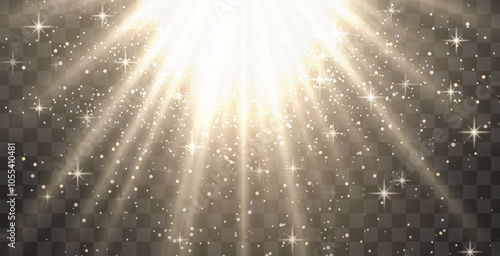 Bright white radiant light burst with sparkles and glittering particles on a transparent background, creating a festive effect. Light with flares Sun rays of dawn. Wallpaper