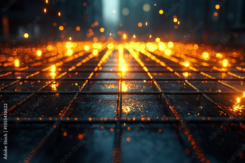 Fototapeta premium Metal Grid with Golden Bokeh Lights