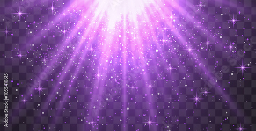 Bright purple radiant light burst with sparkles and glittering particles on a transparent background, creating a festive effect. Light with flares Sun rays of dawn. Wallpaper