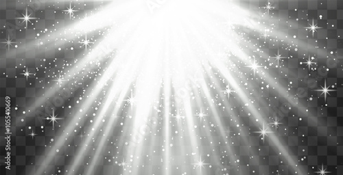 Bright white radiant light burst with sparkles and glittering particles on a transparent background, creating a festive effect. Light with flares Sun rays of dawn. Wallpaper