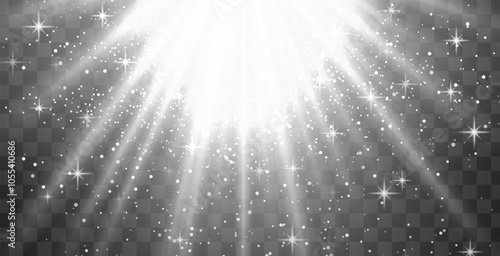 Bright white radiant light burst with sparkles and glittering particles on a transparent background, creating a festive effect. Light with flares Sun rays of dawn. Wallpaper