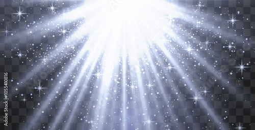 Bright white radiant light burst with sparkles and glittering particles on a transparent background, creating a festive effect. Light with flares Sun rays of dawn. Wallpaper
