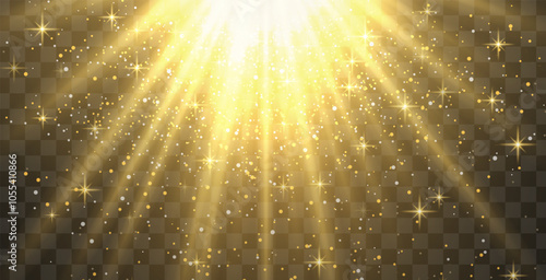 Bright golden radiant light burst with sparkles and glittering particles on a transparent background, creating a festive effect. Light with flares Sun rays of dawn. Wallpaper