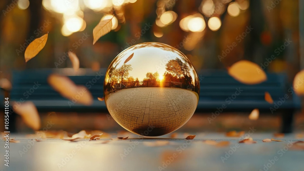 A reflective sphere on a park pathway surrounded by falling autumn leaves. A reflective sphere on a park pathway surrounded by falling autumn leaves.