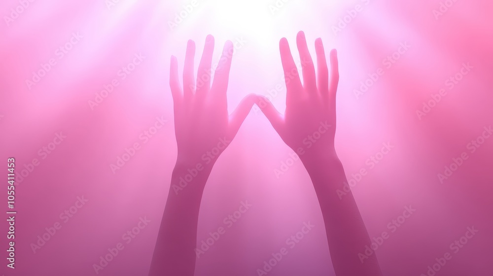 Two hands reaching up towards the sky, with a pink background Two hands reaching up towards the sky, with a pink background