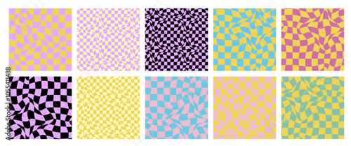 Cute grid seamless patterns. Groovy distorted vector background. Collection of colorful wavy retro groovy backgrounds. Flowy geometric psychedelic bg. Trippy chess print. Abstract doodle Y2k style kit