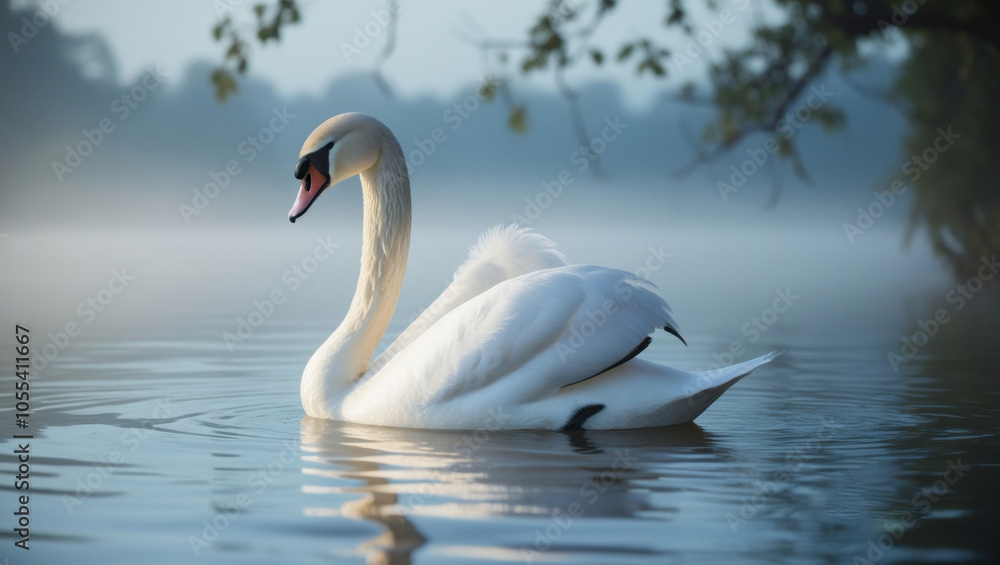 Obraz premium Beautiful swan swimming on the lake