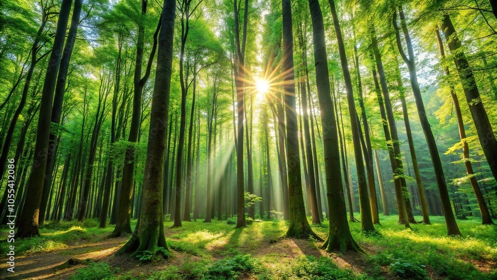Tall trees stand in a dense forest with sunlight filtering through leaves, forest floor, branches, tree trunks Tall trees stand in a dense forest with sunlight filtering through leaves, forest floor, branches, tree trunks