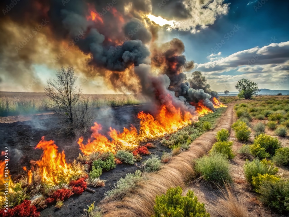 Naklejka premium Controlled Burning in Nature: A Panoramic View of Ecological Management and Regeneration