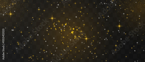 Bright golden particles gently falling with star, night stary sky, creating a magical and festive atmosphere. Glittering particles on a transparent background. Light with flares