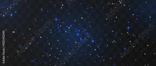 Bright blue particles gently falling with star, night stary sky, creating a magical and festive atmosphere. Glittering particles on a transparent background. Light with flares