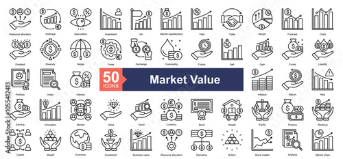 Market Value icon collection set. Containing Resource allocation, Arbitrage, Speculation, Downtrend, Ipo, Market capitalization, Yield, Trade, Margin icon. Simple outline illustration.