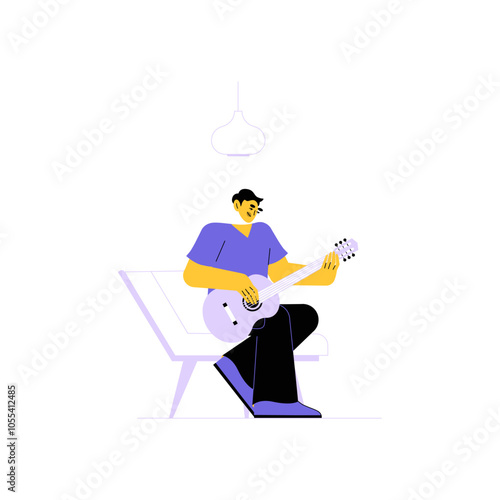 Male Guitarist Seated With Acoustic Guitar In Flat Vector Illustration Symbolizing Music, Relaxation, And Creativity, Isolated On White Background.