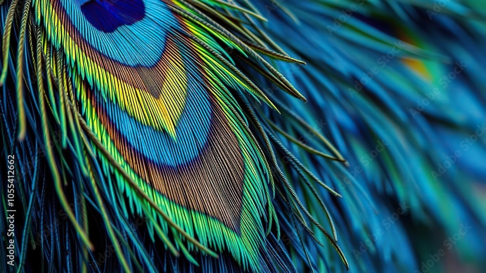 Obraz premium Vibrant close-up of textured peacock feathers in blue, green, and gold hues, beauty, plumage