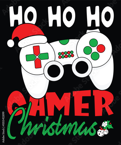 Ho Ho Ho Gamer Christmas Merry Christmas shirts Print Template typography design, Xmas Ugly Snow Santa Clouse New Year Holiday Candy Santa Hat vector illustration for Christmas hand lettered