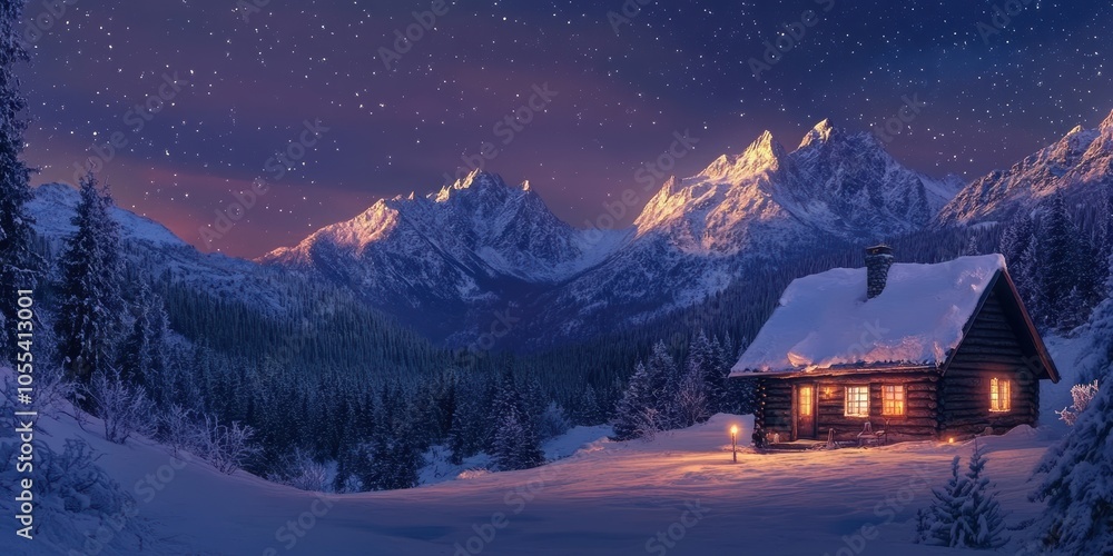 A cabin glows in the snow under a starry night. A cabin glows in the snow under a starry night.