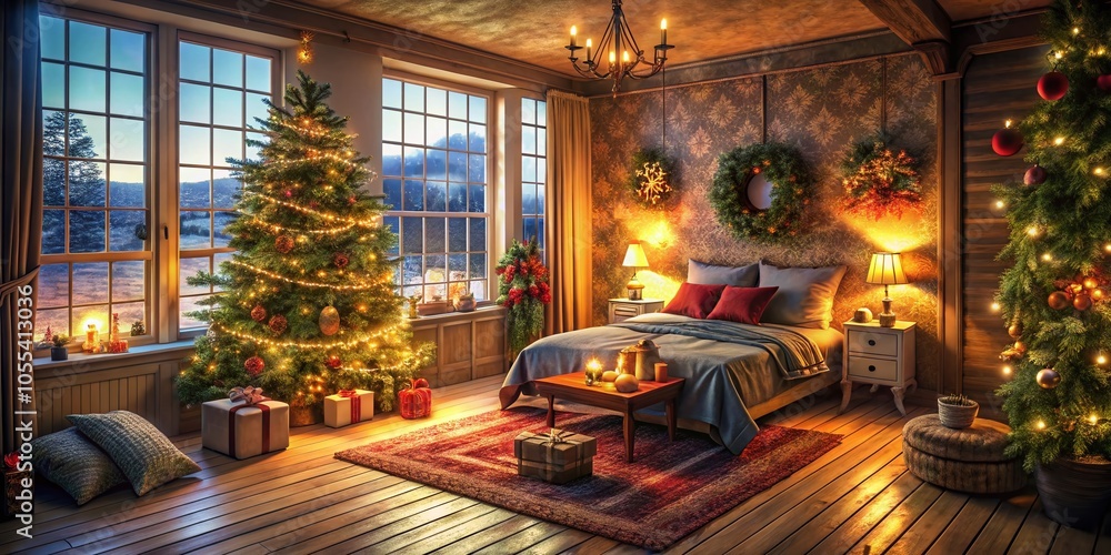Cozy Christmas Bedroom with Warm Lights for Winter Holiday Decor and Illustration Cozy Christmas Bedroom with Warm Lights for Winter Holiday Decor and Illustration