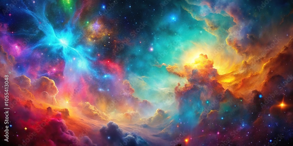 Vibrant nebula with colorful gas clouds and stars in a galaxy backdrop, interstellar medium, starry sky Vibrant nebula with colorful gas clouds and stars in a galaxy backdrop, interstellar medium, starry sky