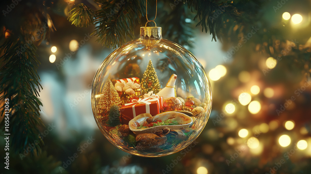 A shiny Christmas tree ornament with a transparent surface, hanging on a Christmas tree. Inside the ornament, there are miniature versions of holiday products like wrapped gifts, a festive meal A shiny Christmas tree ornament with a transparent surface, hanging on a Christmas tree. Inside the ornament, there are miniature versions of holiday products like wrapped gifts, a festive meal