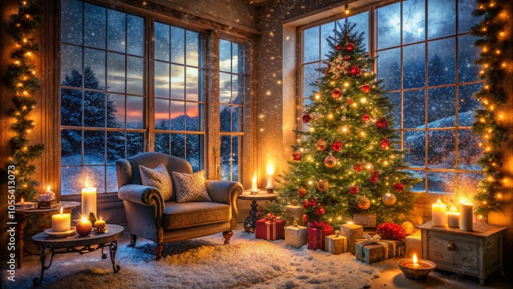 Cozy Christmas Eve Living Room with Candles, Grand Tree, and Snowfall Night View Cozy Christmas Eve Living Room with Candles, Grand Tree, and Snowfall Night View
