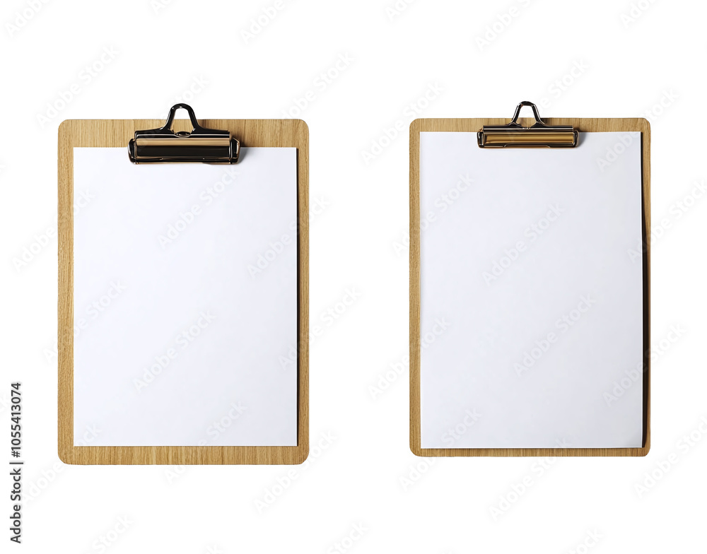 An isolated mockup of a wooden clipboard with blank paper on a light grey background. created with Generative AI technology An isolated mockup of a wooden clipboard with blank paper on a light grey background. created with Generative AI technology