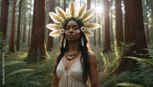 Forest Goddess Portrait with Floral Crown in Sunlit Grove