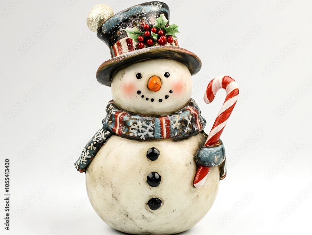 Snowman with Decorated Hat and Candy Cane on White Background Snowman with Decorated Hat and Candy Cane on White Background