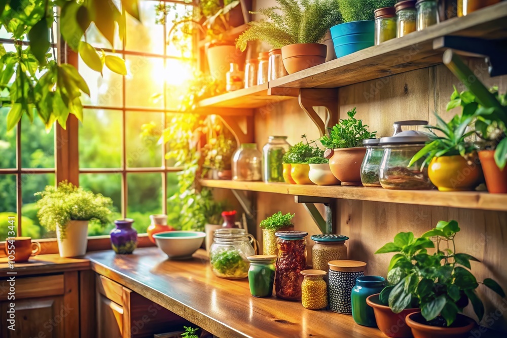 Cozy Kitchen with Wooden Shelves and Sunlight - Warm and Inviting Cooking Space Cozy Kitchen with Wooden Shelves and Sunlight - Warm and Inviting Cooking Space