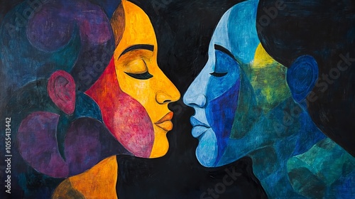 Abstract art featuring a colorful depiction of two faces touching in a tender moment.