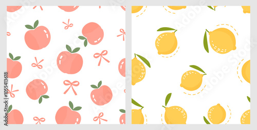 Seamless patterns of pink peach, ribbon bow, lemon and green leaves on white backgrounds vector. Set of cute fruit prints.