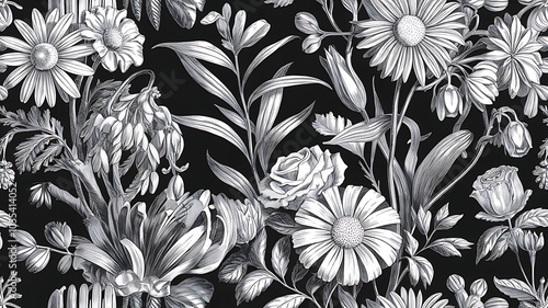 Wallpaper Mural Vector Wildflower floral botanical flowers. Wild spring leaf wildflower isolated. Black and white engraved ink art. Seamless background pattern. Fabric wallpaper print texture. Torontodigital.ca