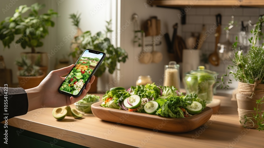 A person taking a photo of a salad with a smartphone in a kitchen. A person taking a photo of a salad with a smartphone in a kitchen.