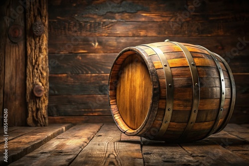 Wooden barrel with a rustic finish, partially overflowing with a rich amber liquid, sitting on a worn wooden floor, wood, amber, antique, liquor, liquid photo