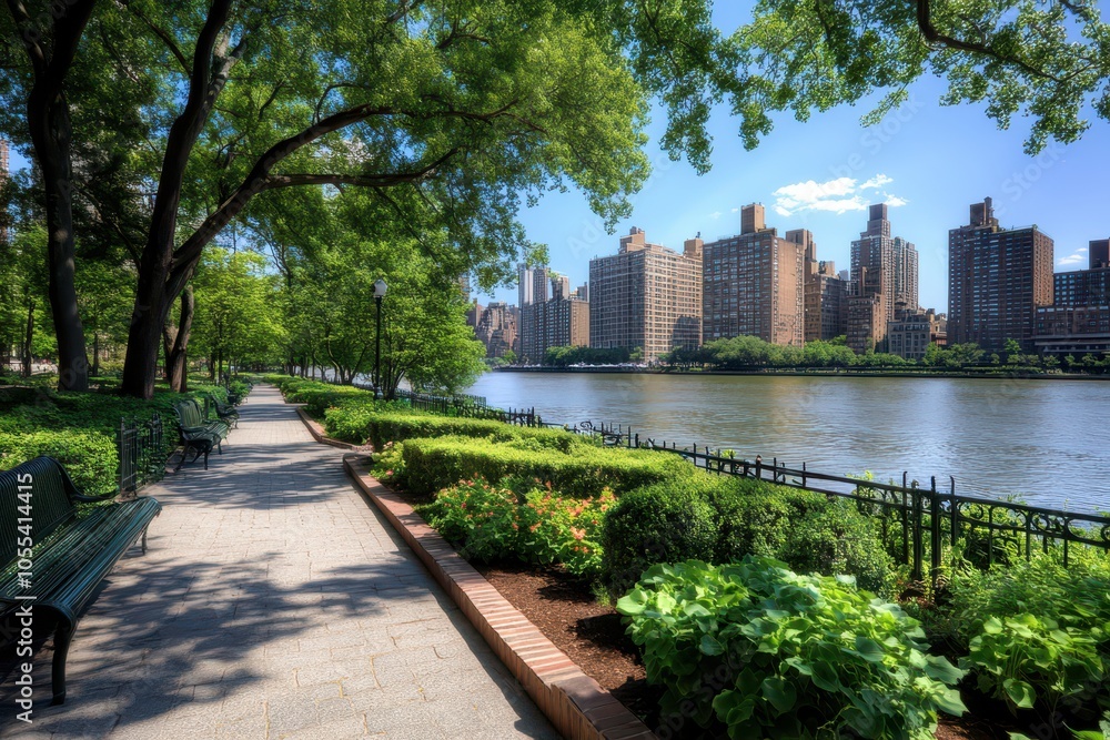 Peaceful Riverside Park: A Serene Oasis with Lush Greenery and Inviting Walking Paths Peaceful Riverside Park: A Serene Oasis with Lush Greenery and Inviting Walking Paths
