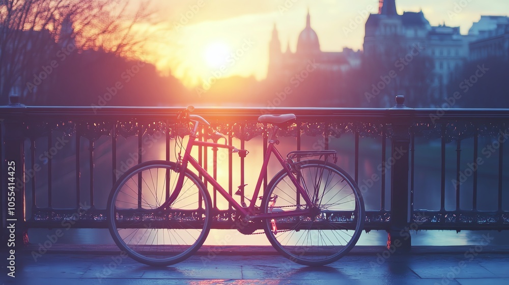 Bicycle resting near a bridge during sunrise, enchanting light illuminating the scene. Bicycle resting near a bridge during sunrise, enchanting light illuminating the scene.