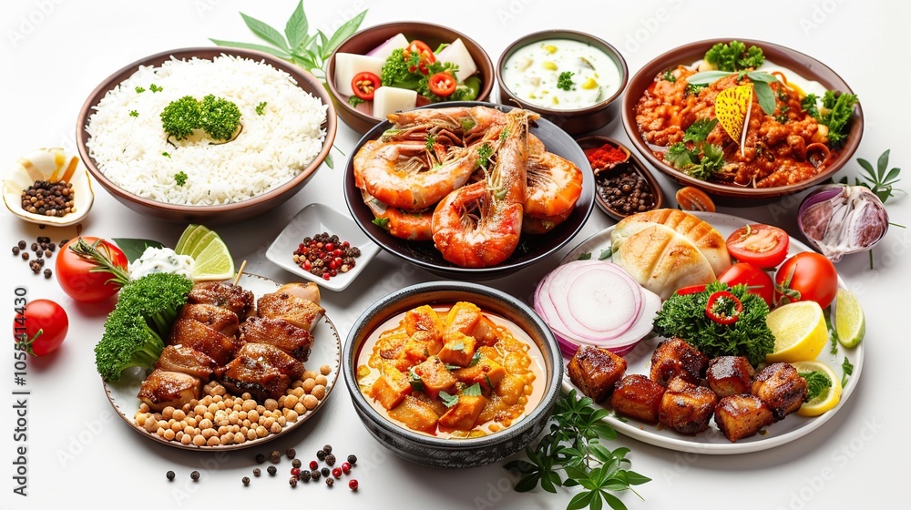 A vibrant and flavorful spread of Indian cuisine featuring a variety of dishes, including shrimp, chicken, curry, rice, and vegetables. A vibrant and flavorful spread of Indian cuisine featuring a variety of dishes, including shrimp, chicken, curry, rice, and vegetables.