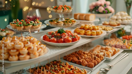 Various delicious finger foods are arranged on a buffet table ready for party guests to enjoy